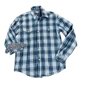 NWOT Roper Pearl‎ Snap Blue Paisley Plaid Long Sleeve Top Youth Size Large 12-14